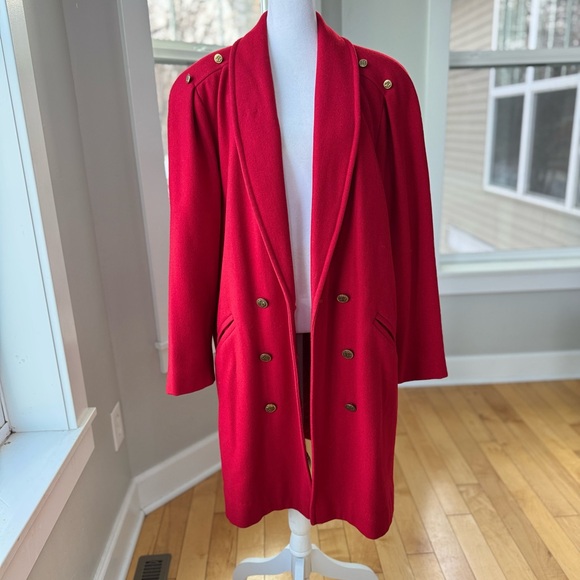 Vintage Michelle Stuart Cardinal Red Double Breast Shawl Collar Wool Trench Coat - Picture 16 of 16